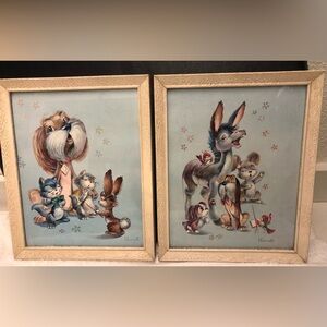 Vintage 1970’s Prints by Vernet - Kitsch Blue Comic Dogs Framed by Boots Decor